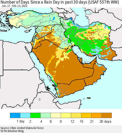 Middle East and Turkey Number of Days Since a Rain Day in past 30 days (USAF 557th WW) Thematic Map For 2/11/2022 - 2/15/2022