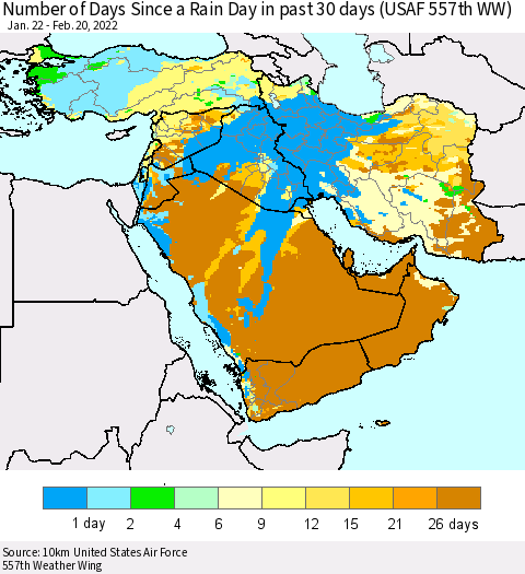 Middle East and Turkey Number of Days Since a Rain Day in past 30 days (USAF 557th WW) Thematic Map For 2/16/2022 - 2/20/2022