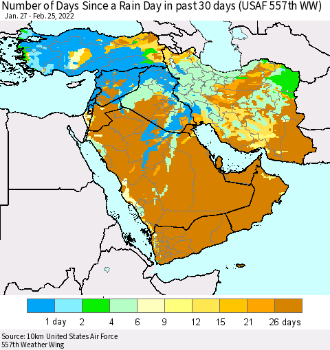 Middle East and Turkey Number of Days Since a Rain Day in past 30 days (USAF 557th WW) Thematic Map For 2/21/2022 - 2/25/2022