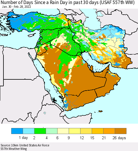 Middle East and Turkey Number of Days Since a Rain Day in past 30 days (USAF 557th WW) Thematic Map For 2/26/2022 - 2/28/2022