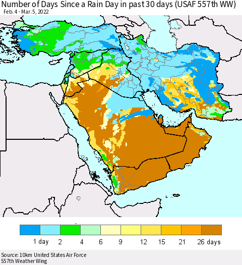 Middle East and Turkey Number of Days Since a Rain Day in past 30 days (USAF 557th WW) Thematic Map For 3/1/2022 - 3/5/2022