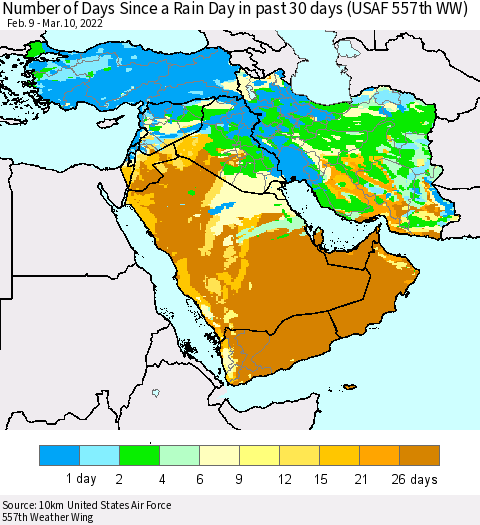 Middle East and Turkey Number of Days Since a Rain Day in past 30 days (USAF 557th WW) Thematic Map For 3/6/2022 - 3/10/2022