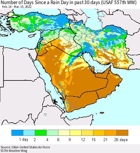 Middle East and Turkey Number of Days Since a Rain Day in past 30 days (USAF 557th WW) Thematic Map For 3/11/2022 - 3/15/2022
