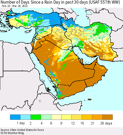 Middle East and Turkey Number of Days Since a Rain Day in past 30 days (USAF 557th WW) Thematic Map For 3/16/2022 - 3/20/2022