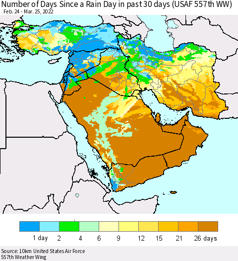 Middle East and Turkey Number of Days Since a Rain Day in past 30 days (USAF 557th WW) Thematic Map For 3/21/2022 - 3/25/2022