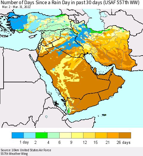 Middle East and Turkey Number of Days Since a Rain Day in past 30 days (USAF 557th WW) Thematic Map For 3/26/2022 - 3/31/2022