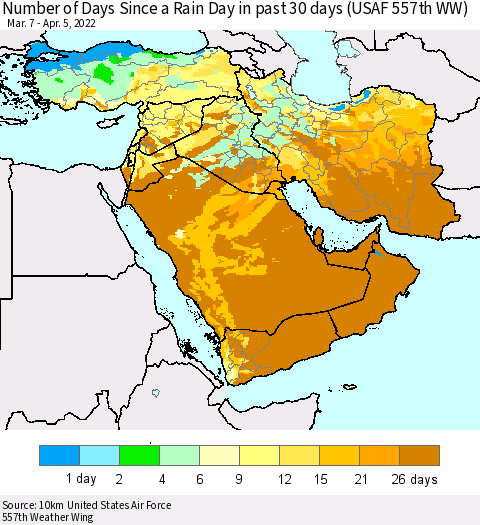 Middle East and Turkey Number of Days Since a Rain Day in past 30 days (USAF 557th WW) Thematic Map For 4/1/2022 - 4/5/2022