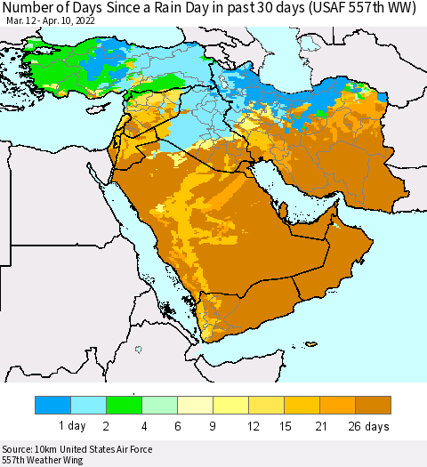 Middle East and Turkey Number of Days Since a Rain Day in past 30 days (USAF 557th WW) Thematic Map For 4/6/2022 - 4/10/2022