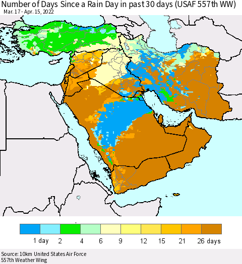 Middle East and Turkey Number of Days Since a Rain Day in past 30 days (USAF 557th WW) Thematic Map For 4/11/2022 - 4/15/2022