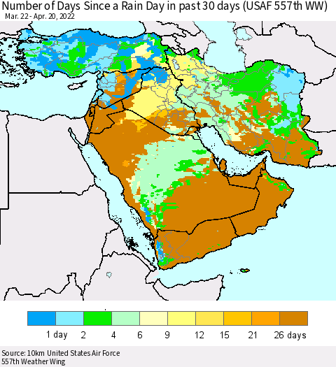 Middle East and Turkey Number of Days Since a Rain Day in past 30 days (USAF 557th WW) Thematic Map For 4/16/2022 - 4/20/2022