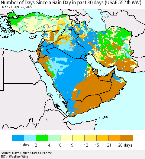 Middle East and Turkey Number of Days Since a Rain Day in past 30 days (USAF 557th WW) Thematic Map For 4/21/2022 - 4/25/2022