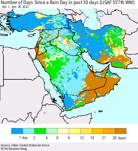 Middle East and Turkey Number of Days Since a Rain Day in past 30 days (USAF 557th WW) Thematic Map For 4/26/2022 - 4/30/2022