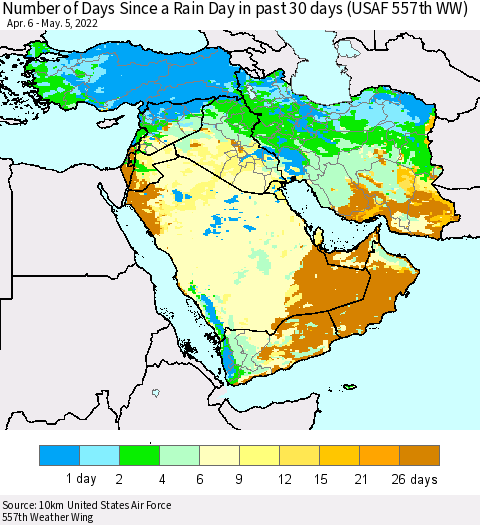 Middle East and Turkey Number of Days Since a Rain Day in past 30 days (USAF 557th WW) Thematic Map For 5/1/2022 - 5/5/2022