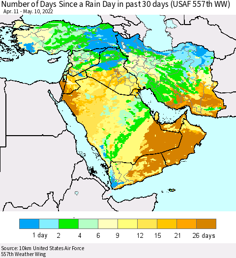 Middle East and Turkey Number of Days Since a Rain Day in past 30 days (USAF 557th WW) Thematic Map For 5/6/2022 - 5/10/2022