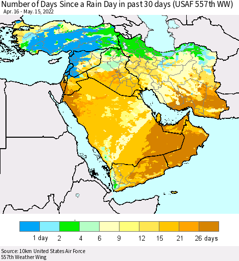 Middle East and Turkey Number of Days Since a Rain Day in past 30 days (USAF 557th WW) Thematic Map For 5/11/2022 - 5/15/2022