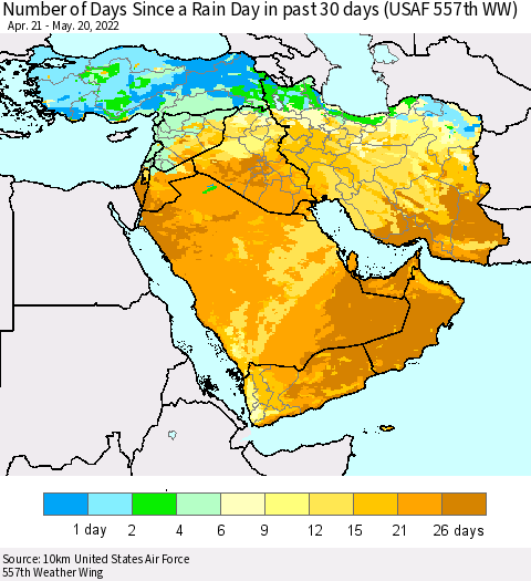 Middle East and Turkey Number of Days Since a Rain Day in past 30 days (USAF 557th WW) Thematic Map For 5/16/2022 - 5/20/2022