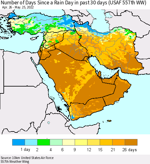 Middle East and Turkey Number of Days Since a Rain Day in past 30 days (USAF 557th WW) Thematic Map For 5/21/2022 - 5/25/2022