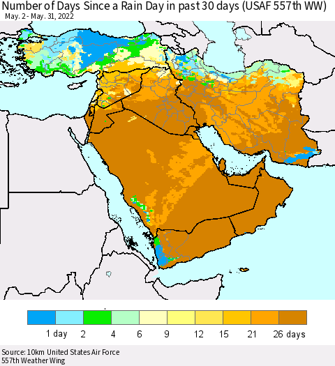 Middle East and Turkey Number of Days Since a Rain Day in past 30 days (USAF 557th WW) Thematic Map For 5/26/2022 - 5/31/2022