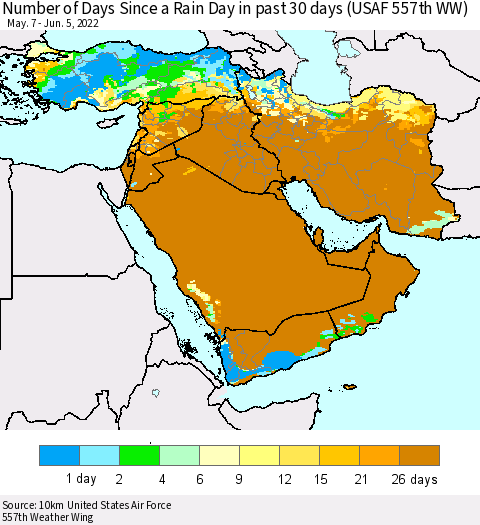 Middle East and Turkey Number of Days Since a Rain Day in past 30 days (USAF 557th WW) Thematic Map For 6/1/2022 - 6/5/2022