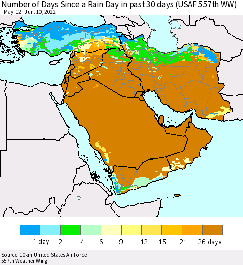 Middle East and Turkey Number of Days Since a Rain Day in past 30 days (USAF 557th WW) Thematic Map For 6/6/2022 - 6/10/2022