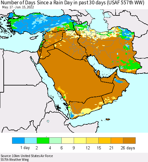 Middle East and Turkey Number of Days Since a Rain Day in past 30 days (USAF 557th WW) Thematic Map For 6/11/2022 - 6/15/2022