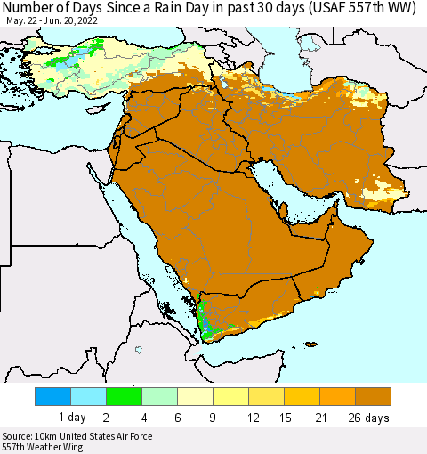 Middle East and Turkey Number of Days Since a Rain Day in past 30 days (USAF 557th WW) Thematic Map For 6/16/2022 - 6/20/2022