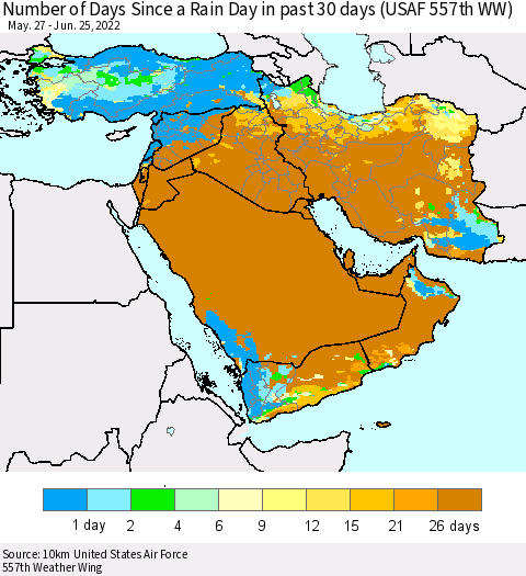 Middle East and Turkey Number of Days Since a Rain Day in past 30 days (USAF 557th WW) Thematic Map For 6/21/2022 - 6/25/2022