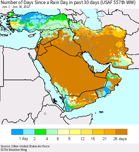 Middle East and Turkey Number of Days Since a Rain Day in past 30 days (USAF 557th WW) Thematic Map For 6/26/2022 - 6/30/2022