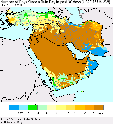 Middle East and Turkey Number of Days Since a Rain Day in past 30 days (USAF 557th WW) Thematic Map For 7/1/2022 - 7/5/2022