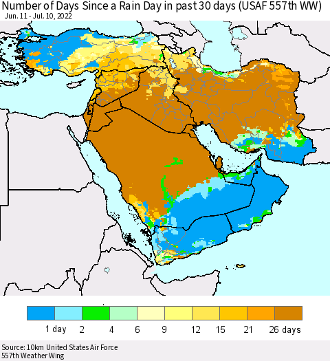Middle East and Turkey Number of Days Since a Rain Day in past 30 days (USAF 557th WW) Thematic Map For 7/6/2022 - 7/10/2022