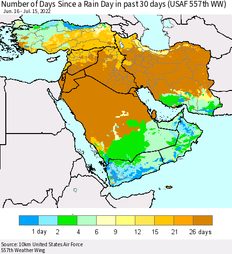 Middle East and Turkey Number of Days Since a Rain Day in past 30 days (USAF 557th WW) Thematic Map For 7/11/2022 - 7/15/2022