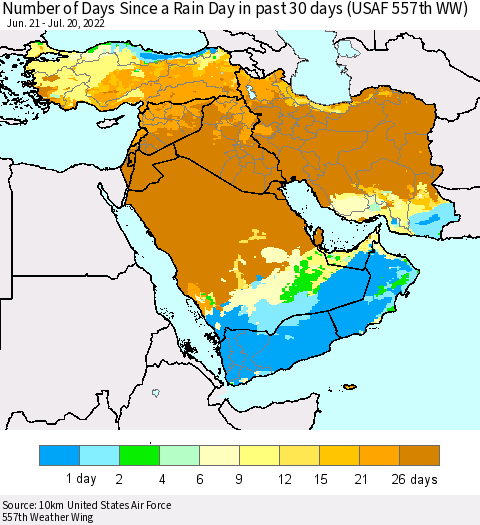 Middle East and Turkey Number of Days Since a Rain Day in past 30 days (USAF 557th WW) Thematic Map For 7/16/2022 - 7/20/2022