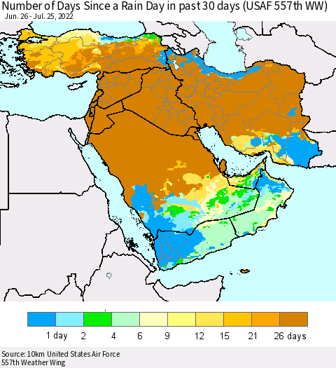 Middle East and Turkey Number of Days Since a Rain Day in past 30 days (USAF 557th WW) Thematic Map For 7/21/2022 - 7/25/2022