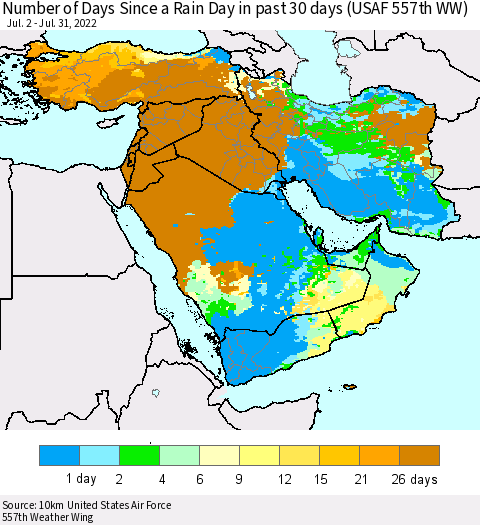 Middle East and Turkey Number of Days Since a Rain Day in past 30 days (USAF 557th WW) Thematic Map For 7/26/2022 - 7/31/2022