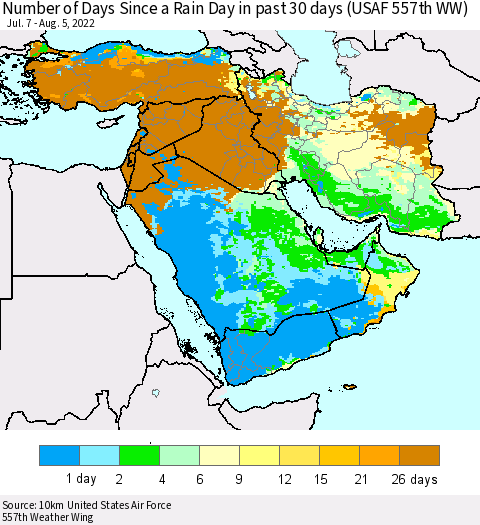 Middle East and Turkey Number of Days Since a Rain Day in past 30 days (USAF 557th WW) Thematic Map For 8/1/2022 - 8/5/2022