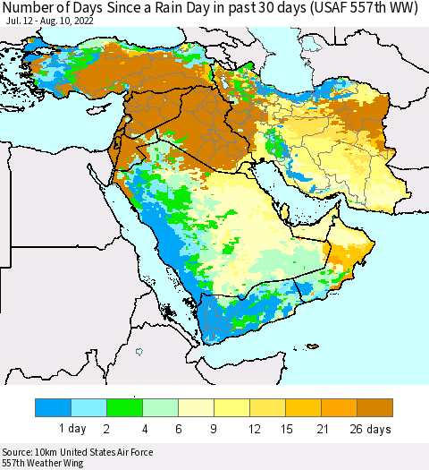 Middle East and Turkey Number of Days Since a Rain Day in past 30 days (USAF 557th WW) Thematic Map For 8/6/2022 - 8/10/2022