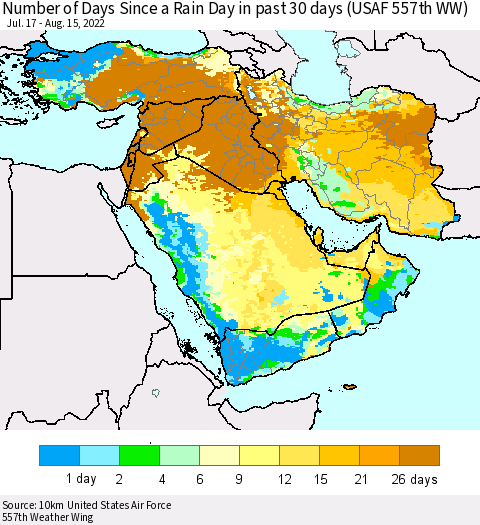 Middle East and Turkey Number of Days Since a Rain Day in past 30 days (USAF 557th WW) Thematic Map For 8/11/2022 - 8/15/2022