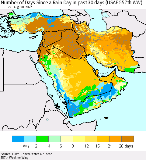 Middle East and Turkey Number of Days Since a Rain Day in past 30 days (USAF 557th WW) Thematic Map For 8/16/2022 - 8/20/2022