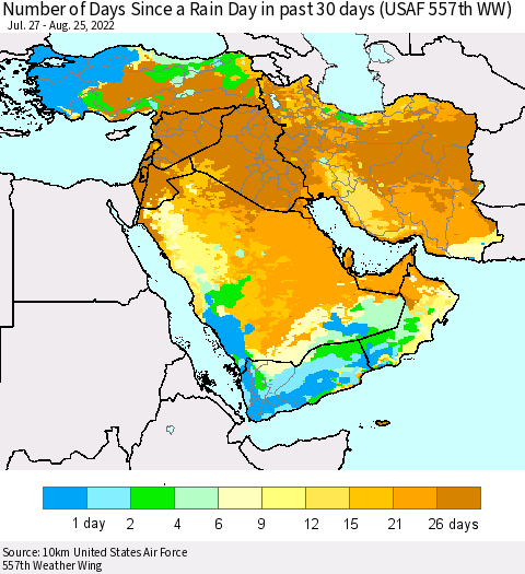 Middle East and Turkey Number of Days Since a Rain Day in past 30 days (USAF 557th WW) Thematic Map For 8/21/2022 - 8/25/2022