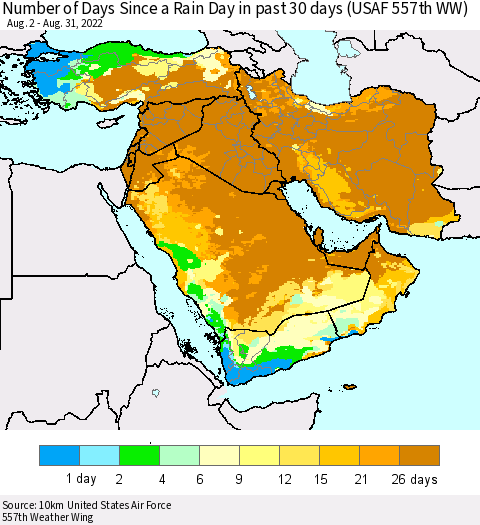 Middle East and Turkey Number of Days Since a Rain Day in past 30 days (USAF 557th WW) Thematic Map For 8/26/2022 - 8/31/2022