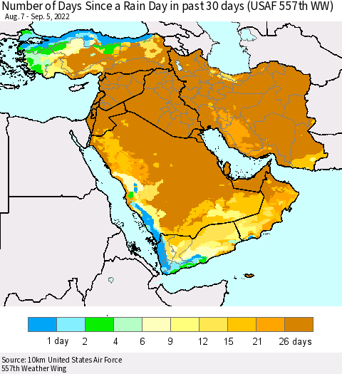 Middle East and Turkey Number of Days Since a Rain Day in past 30 days (USAF 557th WW) Thematic Map For 9/1/2022 - 9/5/2022