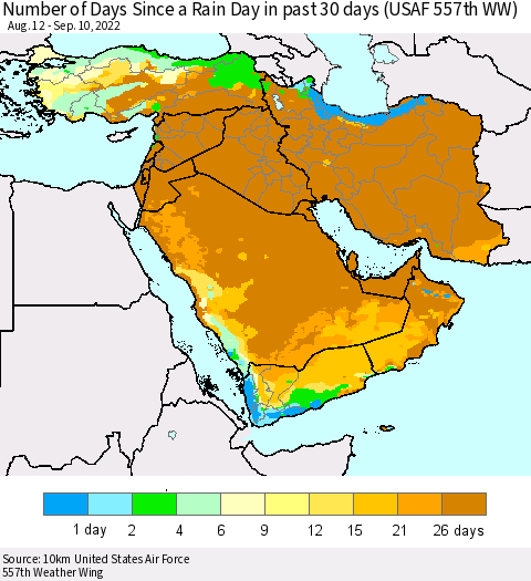Middle East and Turkey Number of Days Since a Rain Day in past 30 days (USAF 557th WW) Thematic Map For 9/6/2022 - 9/10/2022