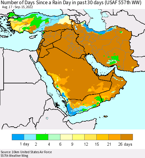 Middle East and Turkey Number of Days Since a Rain Day in past 30 days (USAF 557th WW) Thematic Map For 9/11/2022 - 9/15/2022