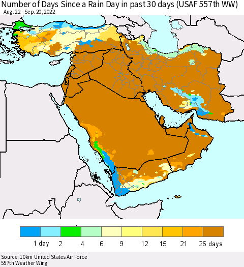 Middle East and Turkey Number of Days Since a Rain Day in past 30 days (USAF 557th WW) Thematic Map For 9/16/2022 - 9/20/2022