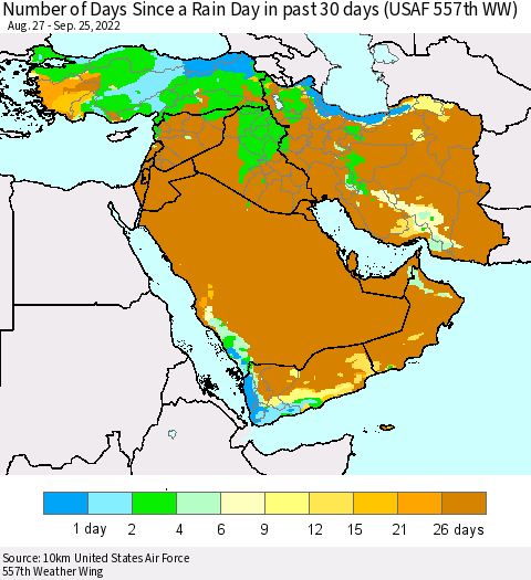 Middle East and Turkey Number of Days Since a Rain Day in past 30 days (USAF 557th WW) Thematic Map For 9/21/2022 - 9/25/2022