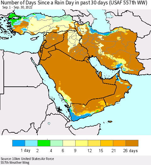 Middle East and Turkey Number of Days Since a Rain Day in past 30 days (USAF 557th WW) Thematic Map For 9/26/2022 - 9/30/2022
