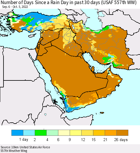 Middle East and Turkey Number of Days Since a Rain Day in past 30 days (USAF 557th WW) Thematic Map For 10/1/2022 - 10/5/2022