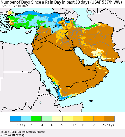 Middle East and Turkey Number of Days Since a Rain Day in past 30 days (USAF 557th WW) Thematic Map For 10/6/2022 - 10/10/2022