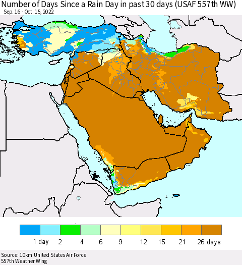 Middle East and Turkey Number of Days Since a Rain Day in past 30 days (USAF 557th WW) Thematic Map For 10/11/2022 - 10/15/2022