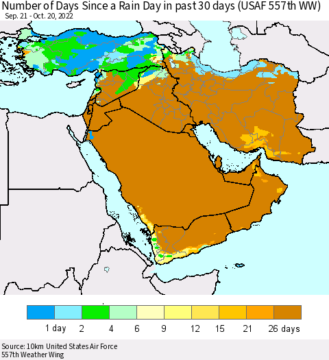 Middle East and Turkey Number of Days Since a Rain Day in past 30 days (USAF 557th WW) Thematic Map For 10/16/2022 - 10/20/2022